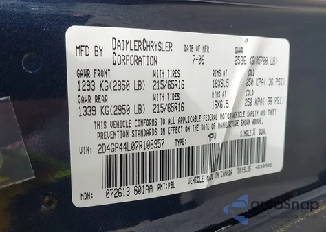 2007 Dodge Grand Caravan Sxt из США, поврежденный, VIN 2D4GP44L07R106957